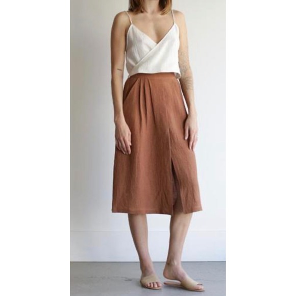 First Rite Dresses & Skirts - First Rite Rust Brown Textured Pleated Midi Skirt Pockets High Waist S
Linen